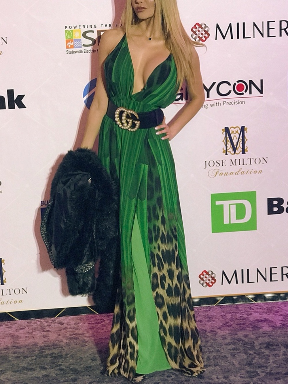 Green Plunging Leopard-Print Maxi Dress